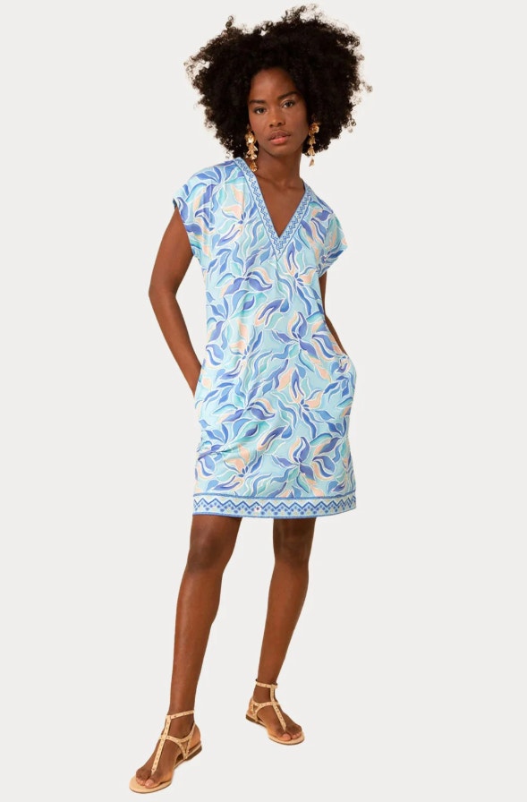 Hale Bob Noelle V-Neck Colorful Patterned Stretch Mini Dress Blue Size Xs